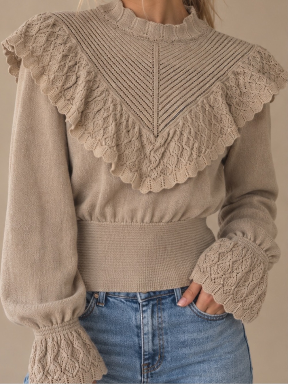 Scalloped Lace Yoke Mock Neck Sweater - Beige
